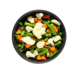 Bowl with stewed mixed vegetables on white background