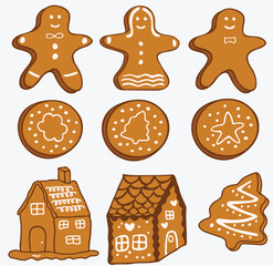 Hand drawn vector illustration set of sweet gingerbread men, decorated cookies, and festive winter houses with white icing. Collection for New Year, winter celebration, greeting cards, pastry shop 