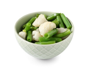 Bowl with stewed cauliflower and green beans on white background