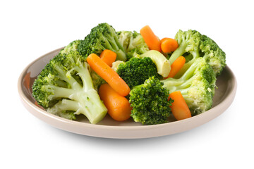 Plate with stewed broccoli and carrot on white background