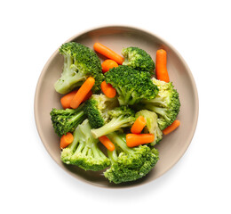 Plate with stewed broccoli and carrot on white background