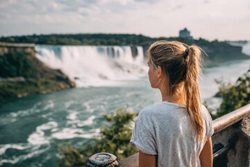 Fototapeta premium Young Woman Admiring Waterfall Beauty