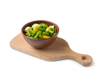 Bowl with stewed mixed vegetables on white background