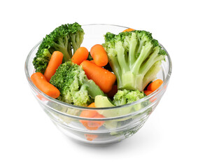 Glass bowl with stewed broccoli and carrot on white background