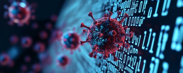 Red Coronavirus Cells and Binary Code, Virus, Pandemic