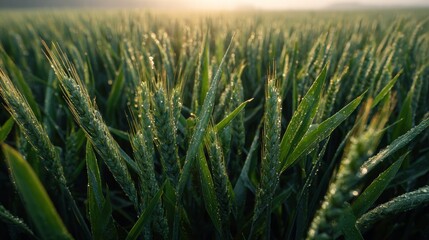 Close up of lush green wheat monitored by drone in soft morning light for precision agriculture
