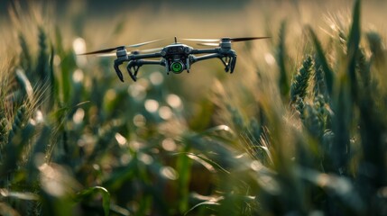 Close up of green wheat under drone surveillance in soft morning light for precision farming