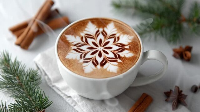 Cup of holiday latte with intricate snowflake art on frothy milk, surrounded by cinnamon sticks, star anise, and evergreen branches, cozy winter mood on a soft light background