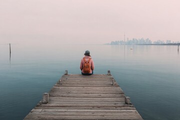 Fototapeta premium Solitude on a Pier by the Cityscape