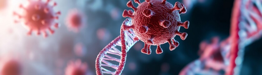 Obraz premium Red Virus Cell and DNA Strand, Medical, Research