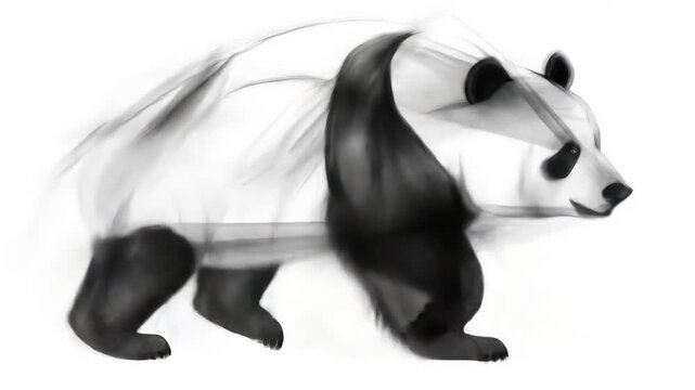 Dynamic artistic panda in motion with abstract effect on white background