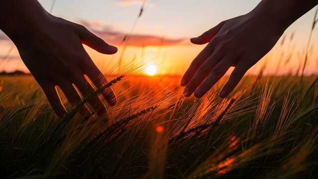 Hands touching tall grass in a field during sunset, warm glowing highlights.