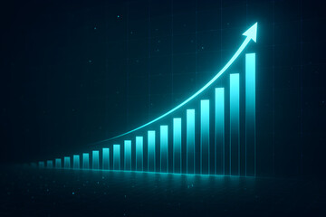 Futuristic glowing bar chart with rising arrow representing business growth, financial success, performance improvement and modern data analytics in a digital interface
