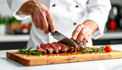 Chef slicing a steak, perfect texture, medium rare. AI