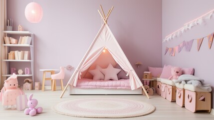 Whimsical Pink Teepee Bedroom Oasis for Young Girls Filled with Plush Toys and Cozy Bedding