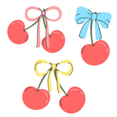 Seamless pattern with cute cherries and bows on a white background. Vector illustration for printing. 