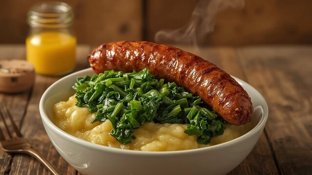 Boerenkool Stamppot: Hearty Kale and Mashed Potato with Glazed Rookworst Sausage