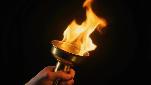 A hand holding a golden torch with a bright, flickering flame against a dark background.