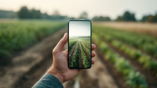 Person holding smartphone displaying crop data app amidst a blurred farm background scene