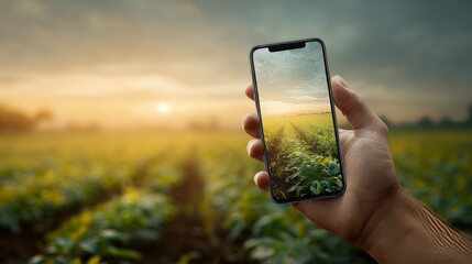 Person using smartphone to display crop data app with a blurred farm landscape in background