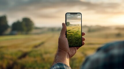 Person using smartphone to display crop data app with a blurred agricultural background