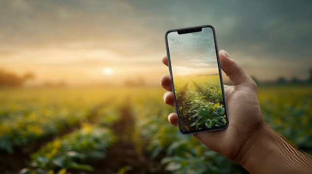 Person using smartphone to display crop data app with a blurred farm landscape in background