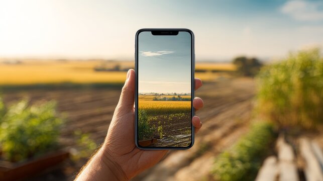 Smartphone displaying crop data app with blurred farm background in a realistic lifestyle setting