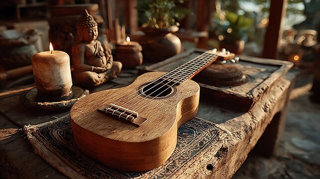 Artistic bamboo ukulele with vintage background high resolution picture