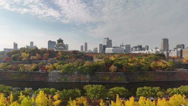Osaka Castle, Chuo Ward, Osaka, Japan: 4K Aerial Drone Footage of Osaka Castle Park, Moat, Autumn Foliage, Historic Landmark, Japanese Architecture, City Skyline, Urban Landscape, O and Neya River