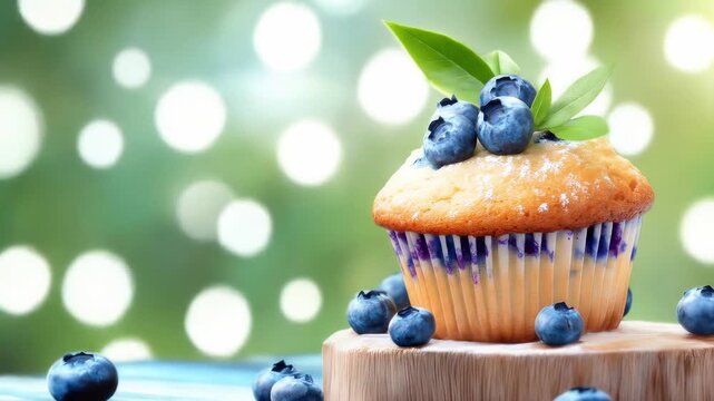 Delicious blueberry muffin with fresh berries on wooden board