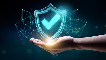 cybersecurity protection offered with digital hand holding glowing shield with checkmark representing safety technology modern futuristic design