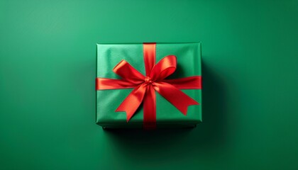 green gift box with red ribbon bow on a green on green background