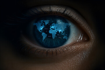 Closeup human eye with detailed world map reflected in iris symbolizing global vision surveillance navigation and international connections across oceans
