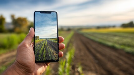 Person using mobile app to view crop data with a blurred farm landscape in the background