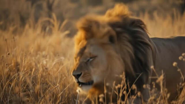 A majestic male lion roars across the African savannah, displaying wild animal behavior. 4k video