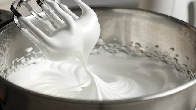 Closeup of electric mixer whipping cream in a metal bowl creating a smooth fluffy texture for baking and desserts.