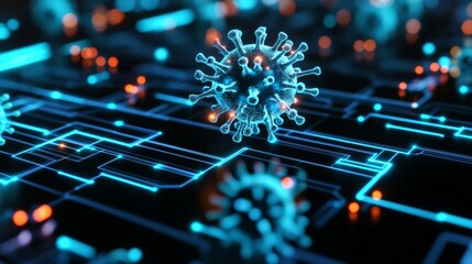 Obraz premium Virus on Circuit Board - Digital Pandemic Concept, Healthcare, Technology