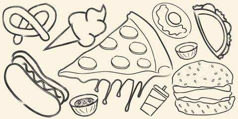 Set of fast food doodles outline designs as design elements vector illustration