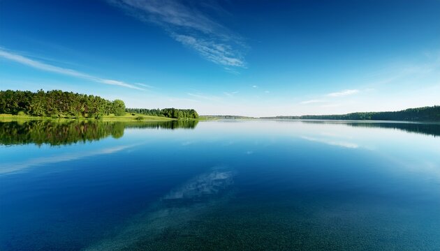 a serene landscape with calm waters reflecting a clear blue sky promoting a sense of peace and tranquility quiet peaceful nature