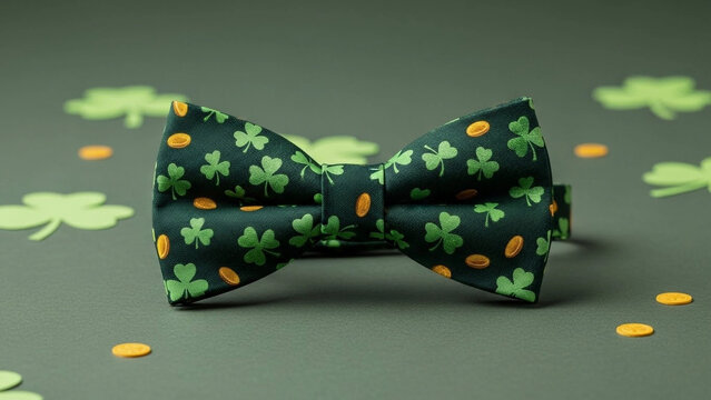 Close-up of a dark green necktie patterned with miniature green shamrocks and gold coins, perfect for St. Patrick's Day. - Powered by Adobe