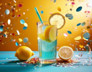 refreshing lemon drink in bright colors with sparkling confetti for summer vibes