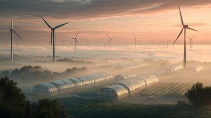 Cinematic sunrise over rural landscape featuring wind turbines and greenhouses in smart agriculture