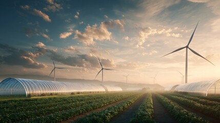 Rural landscape featuring wind turbines and greenhouses  a smart agriculture concept at sunrise