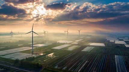 Cinematic sunrise over rural landscape featuring wind turbines and greenhouses for smart agriculture