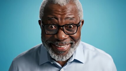 Elderly man shares life wisdom with joy and humor in a bright blue setting during a lively conversation Generative AI