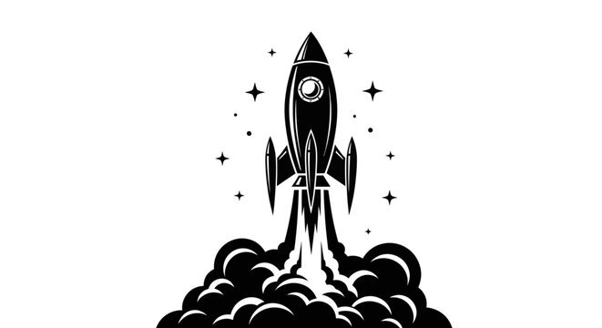 Rocket Launching into Space with Smoke and Stars Illustration.