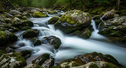 Fast flowing river over moss covered rocks and boulders in a lush green forest stream