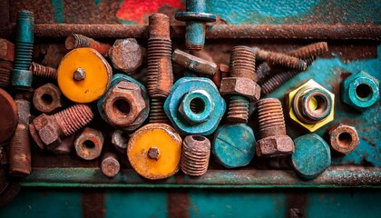detailed close up of colorful corroded vintage hardware and rusty bolts in industrial artistry