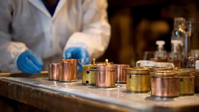 Medium shot of a technician testing safe leadfree bronze materials under controlled conditions emphasizing health and environmental benefits.
