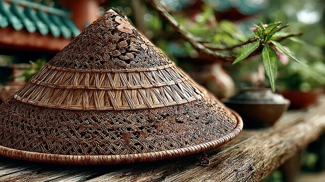 Bamboo coolie hat placed on wooden surface high resolution picture